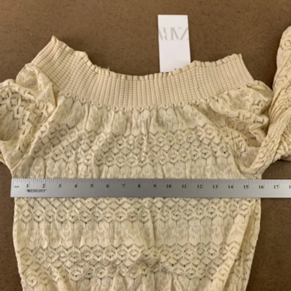 Zara Womens Blouse Beige Geometric Long Sleeve Off Shoulder Ruffle Lace S New